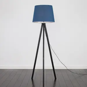 ValueLights Modern Black Wood Tripod Design Floor Lamp With Navy Blue Shade