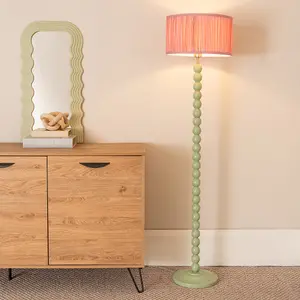 ValueLights Bobbins Sage Green Floor Lamp with Ruched Pleated Blush Pink Drum Shade