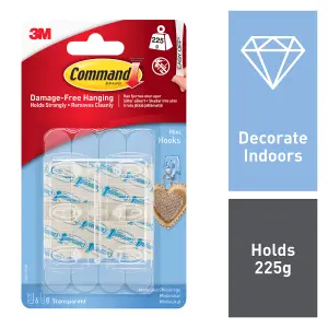 3M Command Mini Clear Hook (Holds)225g, Pack of 6