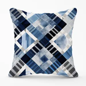 Checkered Square Black And Blue Outdoor Cushion 45cm x 45cm