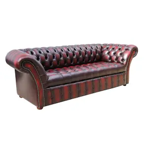 Chesterfield 3 Seater Buttoned Seat Sofa Antique Oxblood Red Real Leather In Balmoral Style