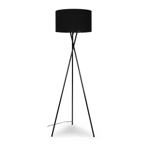 ValueLights Camden Modern Gloss Black Metal Tripod Floor Lamp with Black Cylinder Shade - Includes 6w LED Bulb 3000K Warm White