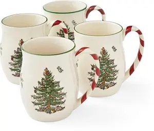 Spode Christmas Tree Mugs With Peppermint Handles Set Of 4