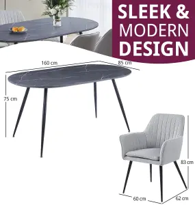 Hallowood Furniture Cullompton Large 160cm Oval Table, Grey Marble Effect Top, with 4 Grey Fabric Arm Chairs