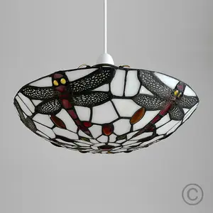 ValueLights Tiffany Style Antique Red And White Glass And Dragonfly Design Ceiling Lamp Pendant Glass Shade