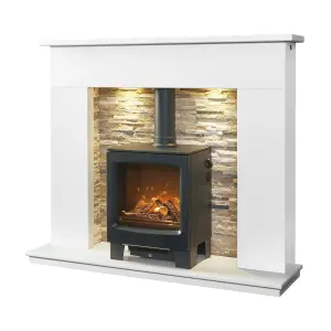 Acantha Monara White Marble Fireplace with Downlights Lunar Electric Stove in Charcoal Grey, 54 Inch