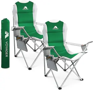 Voyager Garden Folding Green Chair  2 Pack  Cup Holder, Side Pockets , Fishing, Picnic Camping, Travel Comfort , Waterproof,