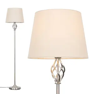 ValueLights Memphis Silver Satin Barley Twist Floor Lamp with Beige Light Shade