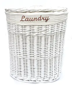 Oval Wicker Laundry Basket With Lid & Removable Cotton Lining White with White cloth,Large 37x50x55 cm