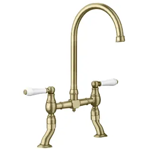 Blanco Vicus Bridge Twin Lever Swivel Spout Traditional Kitchen Mixer Tap - Brushed Brass