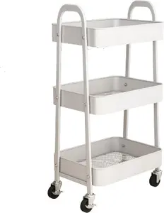 simpa 3 Tier Metal Multipurpose Wheeled Storage Cart - CREAM