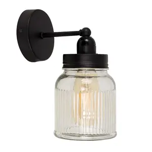 ValueLights Cambourne Industrial Satin Black Pipework Single Wall Light with Clear Glass Jar Shade