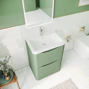 Floor Standing 2 Drawer Vanity Basin Unit with Polymarble Basin, 600mm - Satin Green