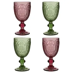 Set of 4 Vintage Luxury Pink & Green Drinking Wine Glass Wine Goblets 310ml