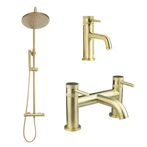 Premium Brushed Brass Thermostatic Shower Kit Basin & Bath Filler Mixer Tap Diamond Cut Handles