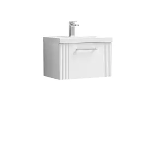 Retro 1 Drawer Wall Hung Vanity Unit with Mid-Edge 1 Tap Hole Ceramic Basin - 600mm - Satin White - Balterley