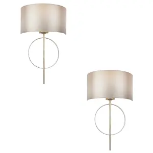 2 PACK Antique Silver Leaf Wall Light & Mink Satin Shade Dimmable Filament Lamp