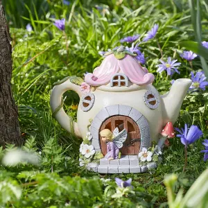 Solar Powered Teapot Shaped Fairy House - Weatherproof Hand Painted Home Garden Novelty Ornament with 2 LED Lighting Effects