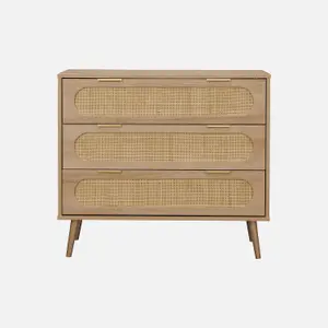 sweeek. 3-drawer chest with wood and rounded cane rattan Eva Natural 90x39x79 cm