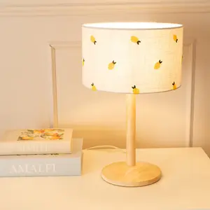 ValueLights Triston Natural Light Wood Stem Table Lamp with Lemon Embroidered Lamp Shade and LED Bulb