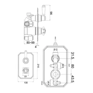 Kingham Traditional Chrome Concealed Thermostatic Shower Mixer Valve, Dual Outlet