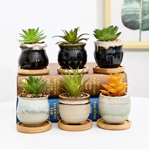 simpa 6PC Mixed Shape Pattern Ceramic Plant Pots with Bamboo Base