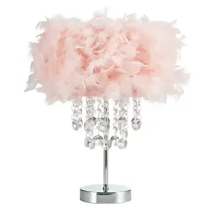 Modern Chandelier Style Pink Feather Table Lamp with Waterfall Acrylic Droplets