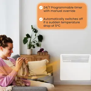 Electric Panel Heater 1250W Floor or Wall Mounted Radiator, Adjustable Thermostat with Programmable Timer