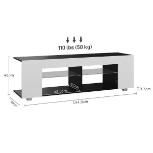 HOMCOM TV Stand 145cm TV Unit with Glass Shelves RGB LED Light for 60"TV White