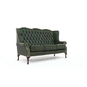 Chesterfield 3 Seater High Back Antique Green Real Leather Sofa In Mallory Style