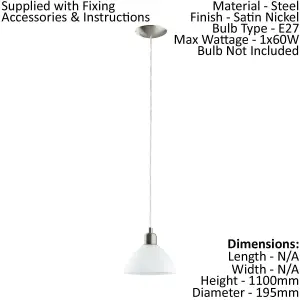 Pendant Ceiling Light Colour Satin Nickel Shade White Glass Alabaster Bulb E27 1x60W