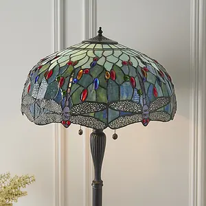 Luminosa Dragonfly 2 Light Floor Lamp Dark Bronze, Blue, Tiffany Style Glass, E27