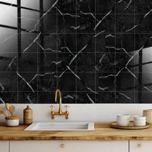 Glossy Marble Tile Stickers Thick Backsplash 24pcs 15cm(6") -Coal Black