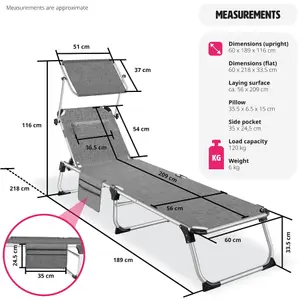 Sun Lounger Aurelie - foldable with headrest, 6 position backrest - mottled grey