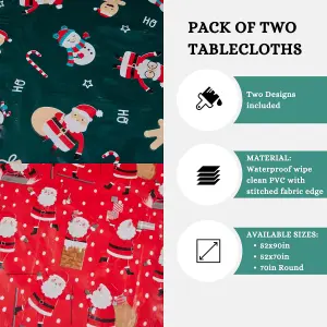 Celebright Festive PVC Tablecloth Set of 2 - Green Jolly Holiday & Santa's Festive Design, 52x90in