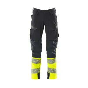 Mascot Accelerate Safe Trousers with Kneepad Pockets - Dark Navy/Hi-Vis Yellow (32.5) (Leg Length - Long)