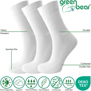 Green Bear Unisex Bamboo White Crew Sports Socks: Size 3-5 - Cushioned Sole-Soft Antibacterial-3 Pack