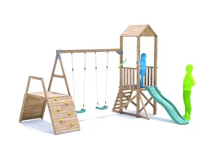 Dunster House Wooden Climbing Frame with Two Swings, Climbing Wall & Slide BalconyFort Low Platform