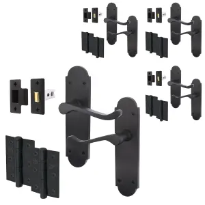 AFIT Matt Black Door Handle Latch Set - Victorian Scroll Shaped - 4 Pairs of Internal Latch Door Handles, Hinges 76mm & Latch 64mm