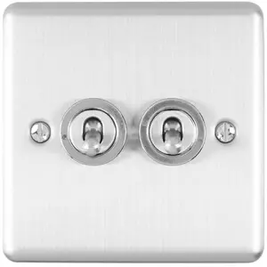 2 Gang Double Retro Toggle Light Switch SATIN STEEL 10A 2 Way Lever Wall Plate