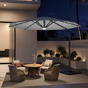 3M Grey Round Cantilever Parasol with Solar Light and Parasol Base