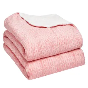 Dreamscene Chunky Knit Print Sherpa Fleece Throw Blanket, Blush - 150 x 180cm