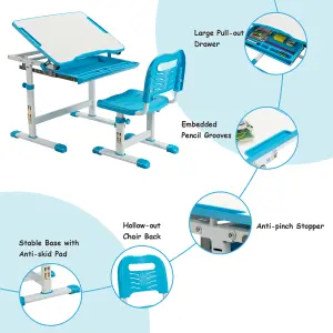 COSTWAY Kids Desk & Chair Set Adjustable Study Table with Tilting Tabletop