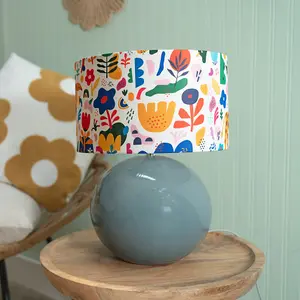 ValueLights Bosco Eucalyptus Ceramic Table Lamp with Jungle Print Drum Shade - LED Bulb Included