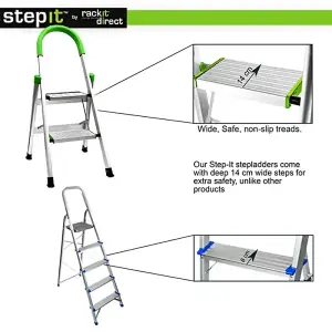 StepIt 2 Step Ladder - Portable Folding Aluminium with Deep Steps, Soft Grip, Rubber Hand Grip, 150kg Capacity, 2 Year Warranty