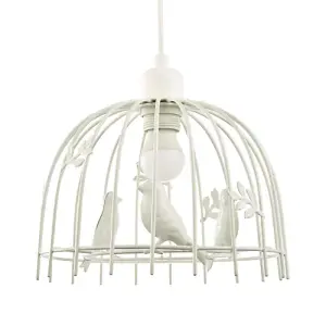 Birdcage Pendant Shade in White Gloss Metal with Birds and Leaves - Shabby Chic