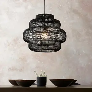 Luminosa Piacenza Single Pendant Ceiling Lamp, Black Rattan, Matt Black