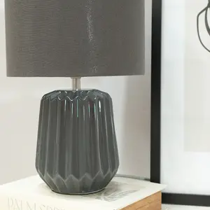 ValueLights Zak Charcoal Grey Textured Ceramic Bedside Table Lamp with Drum Shade