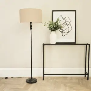 ValueLights Maggie Black Metal Candlestick Floor Lamp with Natural Fabric Lamp Shade and LED Bulb