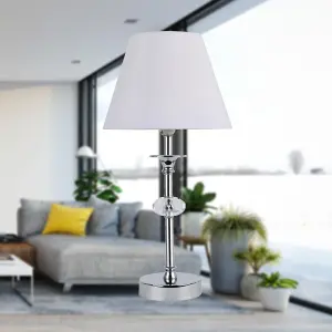 First Choice Lighting Chrome Plated Stacked Bedside Table Light with Faceted Acrylic Detailing and White Fabric Shade